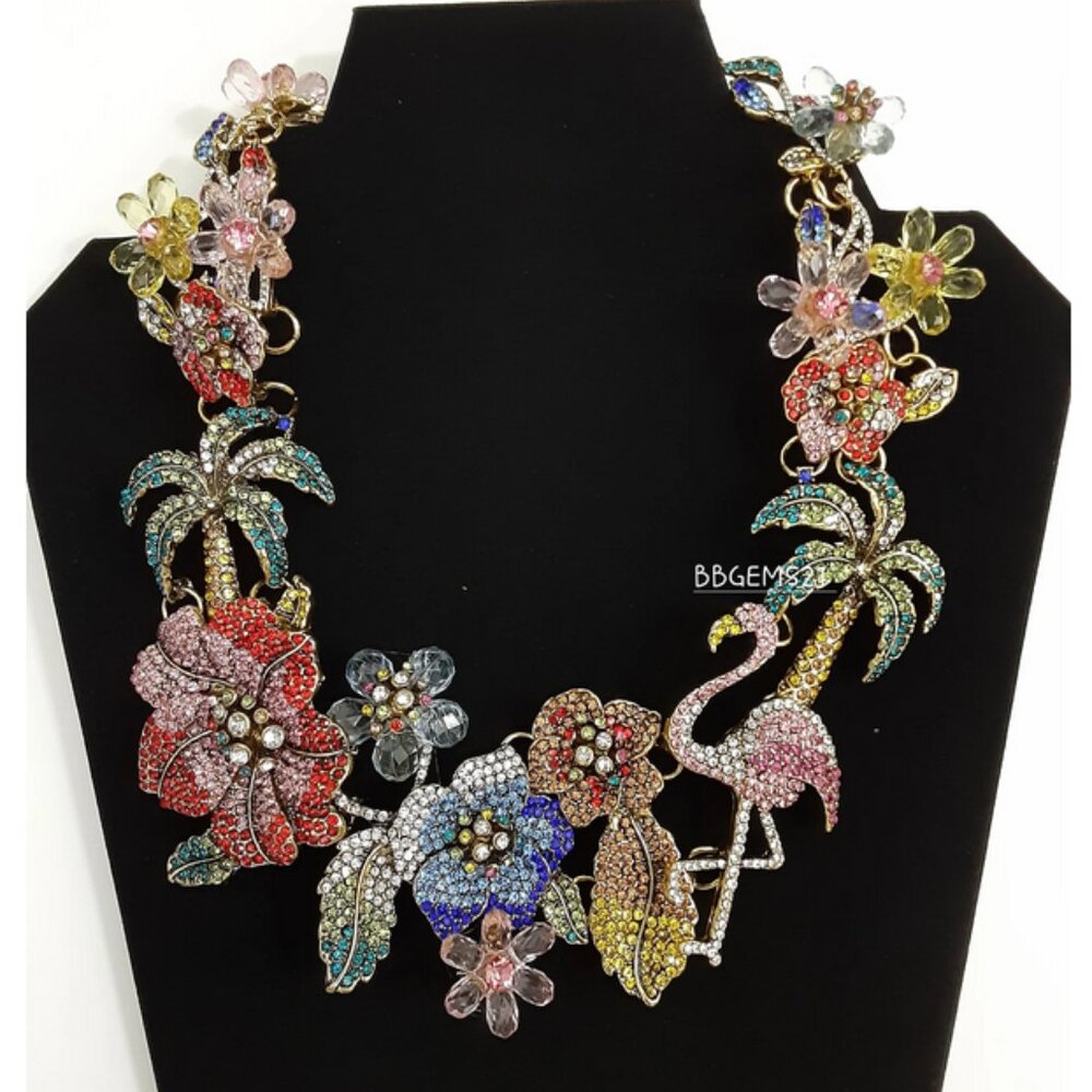 Christian Sirianos Floral Flamingo Statement Rhinestone Necklace rhinestones